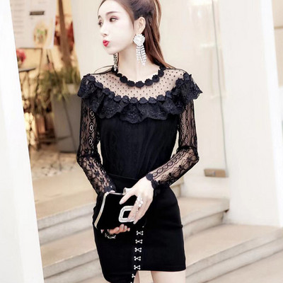 Jarná jesenná dámska košeľa s dlhým rukávom, sladké volániky, kvetinová čipkovaná blúzka, dámska vydlabaná sieťovaná blúzka, bluzky, krátke topy AB1315