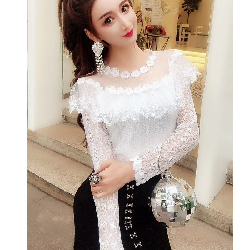 Jarná jesenná dámska košeľa s dlhým rukávom, sladké volániky, kvetinová čipkovaná blúzka, dámska vydlabaná sieťovaná blúzka, bluzky, krátke topy AB1315