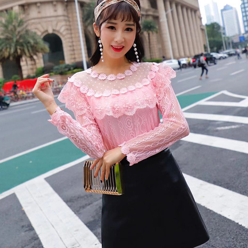 Jarná jesenná dámska košeľa s dlhým rukávom, sladké volániky, kvetinová čipkovaná blúzka, dámska vydlabaná sieťovaná blúzka, bluzky, krátke topy AB1315