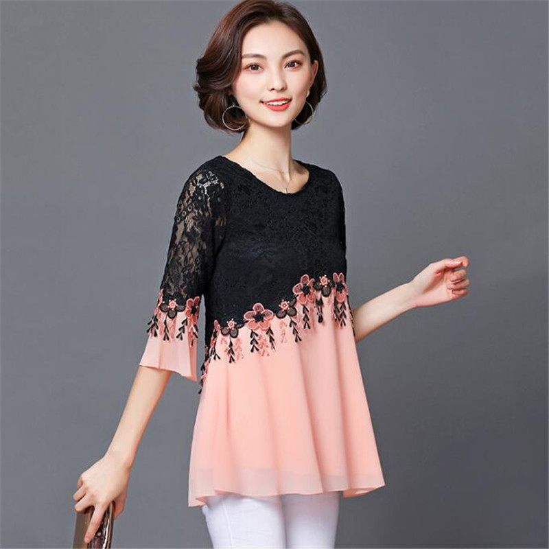 2018. Nova proljeće ljeto Ženske bluze Ležerne cvjetne šifonske bluze Ženske majice s izdubljenom čipkom s kićankama Topsize 5XL SE007