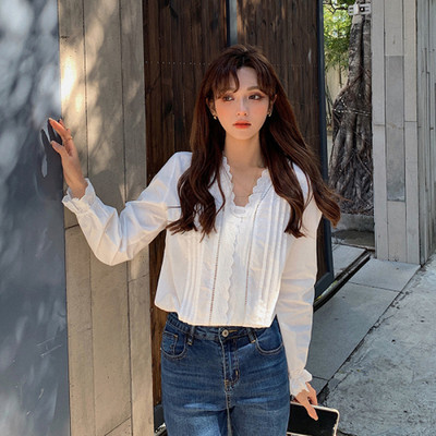 Nová voľná volánová čipkovaná blúzka pre ženy, jarný výstrih do V, skladaný dizajn, biela košeľa, dámska košeľa s dlhým rukávom, bavlnený top, dámsky top 13157