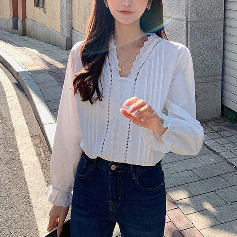Nová voľná volánová čipkovaná blúzka pre ženy, jarný výstrih do V, skladaný dizajn, biela košeľa, dámska košeľa s dlhým rukávom, bavlnený top, dámsky top 13157
