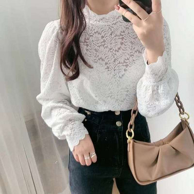 2021 de primăvară cu mânecă lungă, cămăși largi din dantelă, topuri de toamnă pentru femei, elegante, cu mânecă lanternă, bluză coreeană, cămașă de bază, camisuri, toate se potrivesc