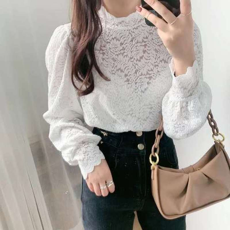 2021 de primăvară cu mânecă lungă, cămăși largi din dantelă, topuri de toamnă pentru femei, elegante, cu mânecă lanternă, bluză coreeană, cămașă de bază, camisuri, toate se potrivesc