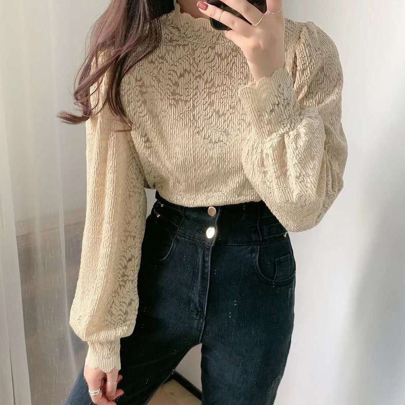 2021 de primăvară cu mânecă lungă, cămăși largi din dantelă, topuri de toamnă pentru femei, elegante, cu mânecă lanternă, bluză coreeană, cămașă de bază, camisuri, toate se potrivesc