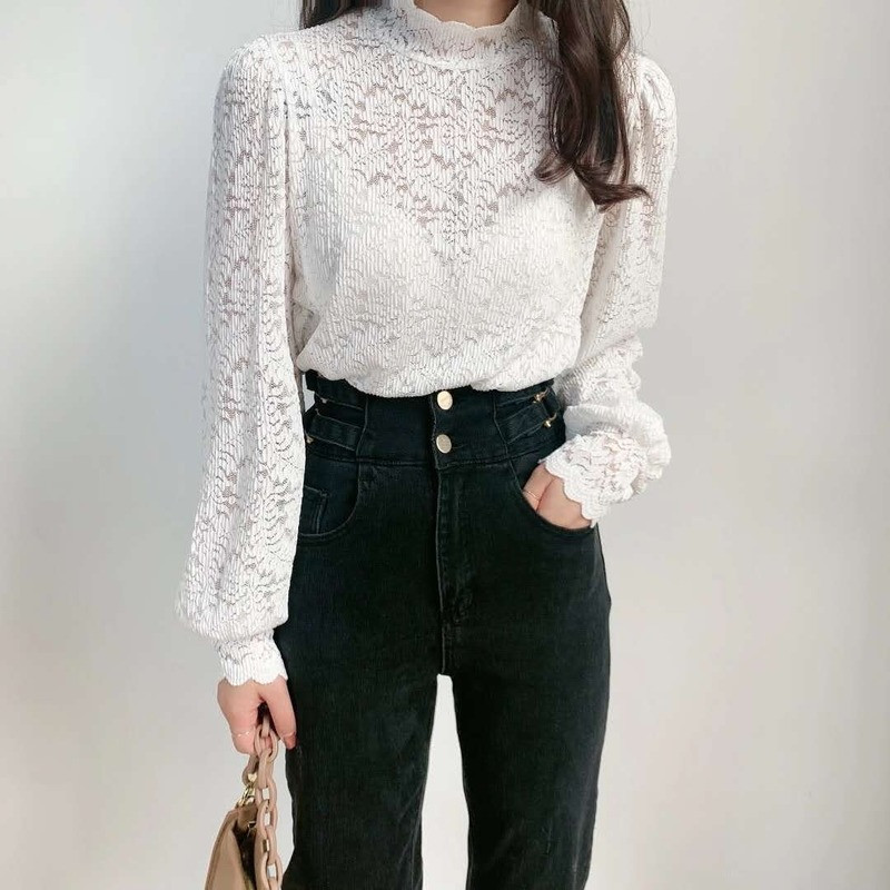 2021 de primăvară cu mânecă lungă, cămăși largi din dantelă, topuri de toamnă pentru femei, elegante, cu mânecă lanternă, bluză coreeană, cămașă de bază, camisuri, toate se potrivesc