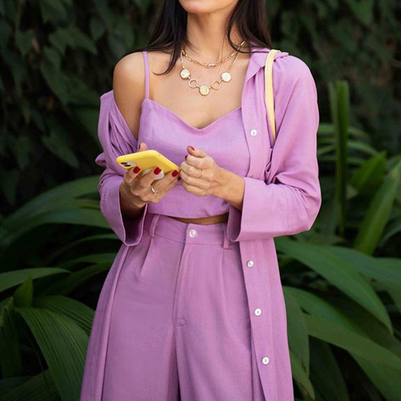 Naiste šikk kolmeosaline komplekt Moodne üherealine tuulejakk, ülaosa ja pitsiga laia säärega pükskostüüm, vabaaja daami elegantsed ülikonnad