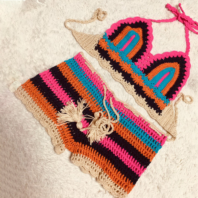 Para Praia pletené plavky s vysokým pásom 2023 Sexy tkané push-up plavky pre ženy, vydlabané háčkované bikiny, set