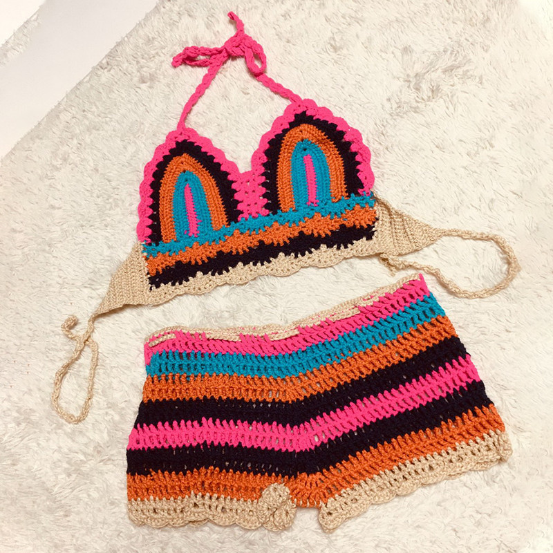 Para Praia pletené plavky s vysokým pásom 2023 Sexy tkané push-up plavky pre ženy, vydlabané háčkované bikiny, set