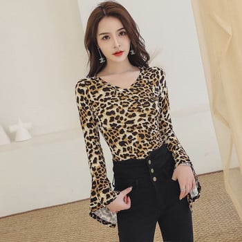 2019 Summer Women Leopard Print Μπλούζα με κάτω μέρος Γυναικεία Sexy V λαιμόκοψη μανίκι Flare Slim πουκάμισο Office Lady Plus Size Thin Top Z446