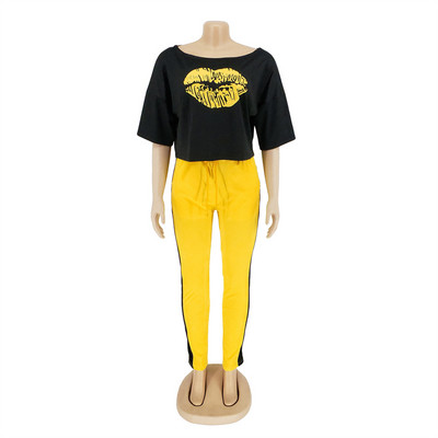 Δύο σετ 2 τεμαχίων Γυναικείες φόρμες αθλητικές φόρμες καλοκαιρινά ρούχα στάμπα πάνω ελαστικό παντελόνι μέσης κοστούμια γυναίκα σετ Conjunto Femenino