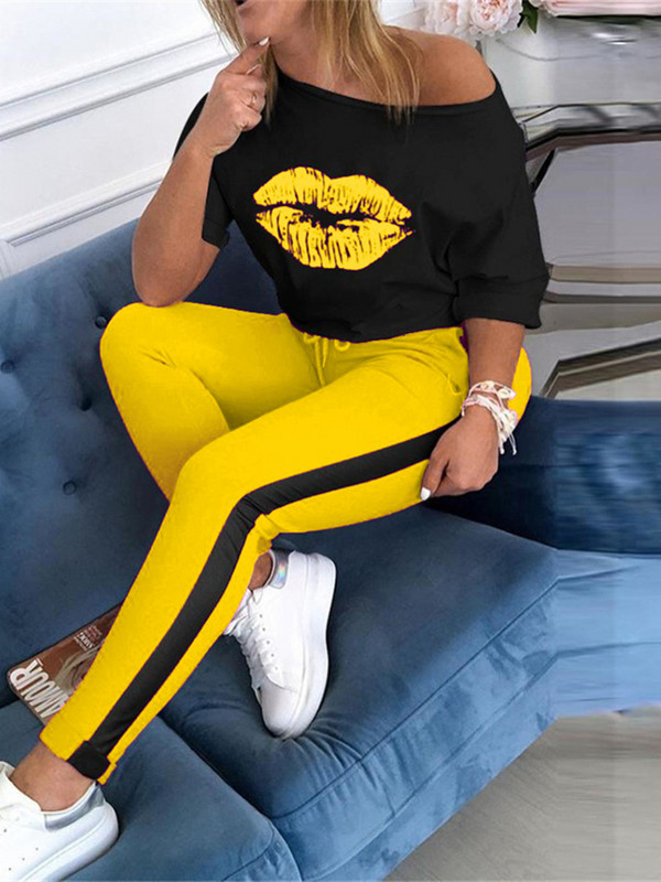 Δύο σετ 2 τεμαχίων Γυναικείες φόρμες αθλητικές φόρμες καλοκαιρινά ρούχα στάμπα πάνω ελαστικό παντελόνι μέσης κοστούμια γυναίκα σετ Conjunto Femenino