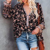 Cămașă pulover cu mânecă lungă, cu decolteu în V, cu imprimeu floral, la modă de vară
