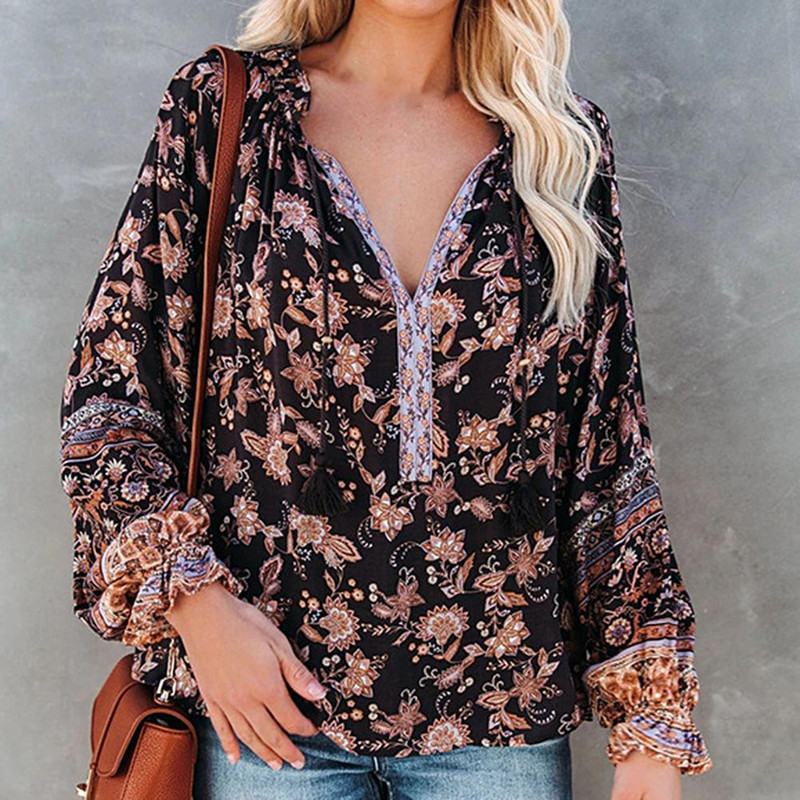 Cămașă pulover cu mânecă lungă, cu decolteu în V, cu imprimeu floral, la modă de vară