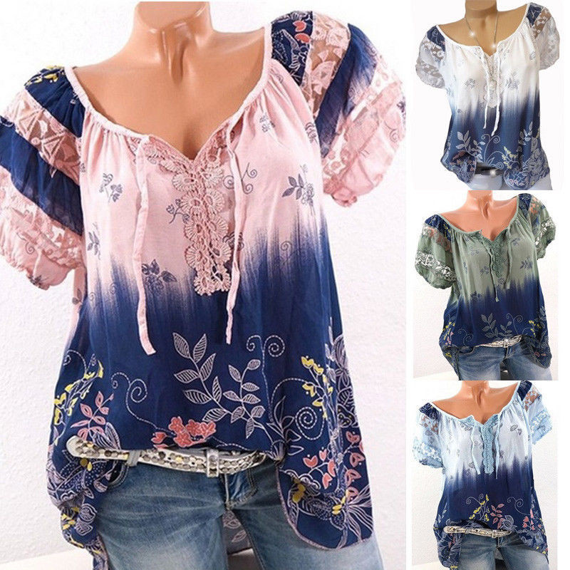 Módna vintage kvetinová potlač blúzka košeľa 2019 Letná blúzka s krátkym rukávom a šifónom, sexy dámska blúzka s výstrihom do V, ležérna voľná košeľa