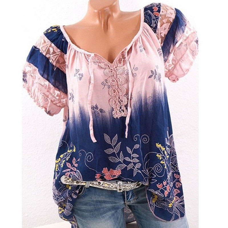 Módna vintage kvetinová potlač blúzka košeľa 2019 Letná blúzka s krátkym rukávom a šifónom, sexy dámska blúzka s výstrihom do V, ležérna voľná košeľa