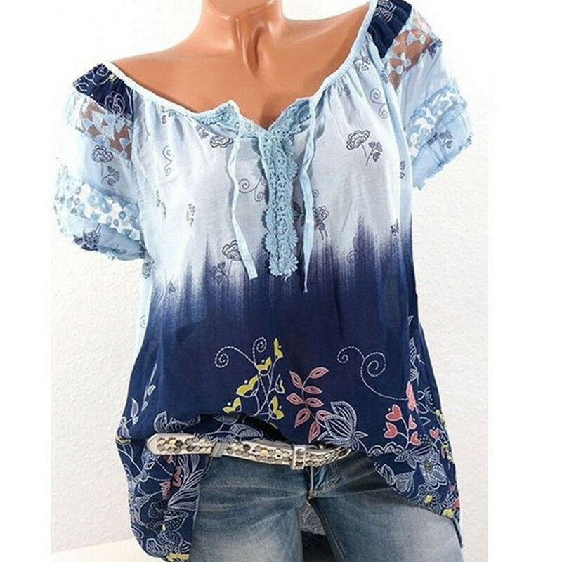 Módna vintage kvetinová potlač blúzka košeľa 2019 Letná blúzka s krátkym rukávom a šifónom, sexy dámska blúzka s výstrihom do V, ležérna voľná košeľa