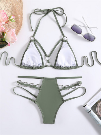 Para Praia Green Rings Halter Σετ μπικίνι 2023 Sexy Hollow Out Γυναικεία μαγιό Brazilian μαγιό Ψηλόμεσο μπικίνι