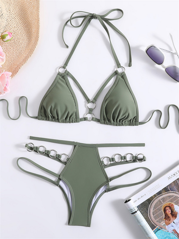Para Praia Green Rings Halter Bikini Set 2023 Seksi izdubljeni kupaći kostimi Ženski brazilski kupaći kostim Biquini s visokim strukom