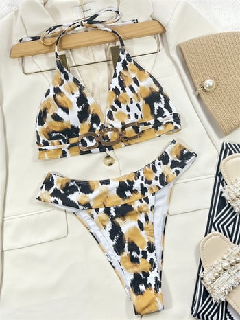 Para Praia 2023 Leopard Print High Cut Σετ μπικίνι Γυναικείο ψηλόμεσο γυναικείο μαγιό Γυναικείο μαγιό Μεταλλικό δαχτυλίδι μαγιό για γυναίκες