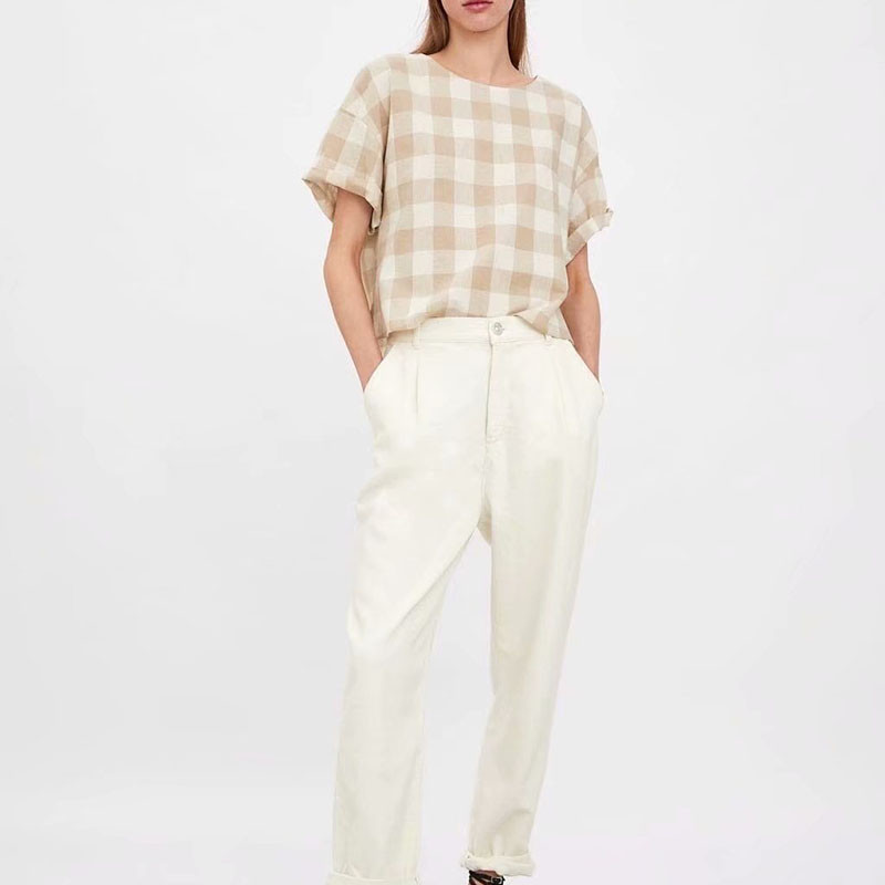 Bluză în carouri cu mâneci scurte de vară Cămăși Vintage bluză largi pentru femeie Casual Street Wear Lady Top bluză scobită