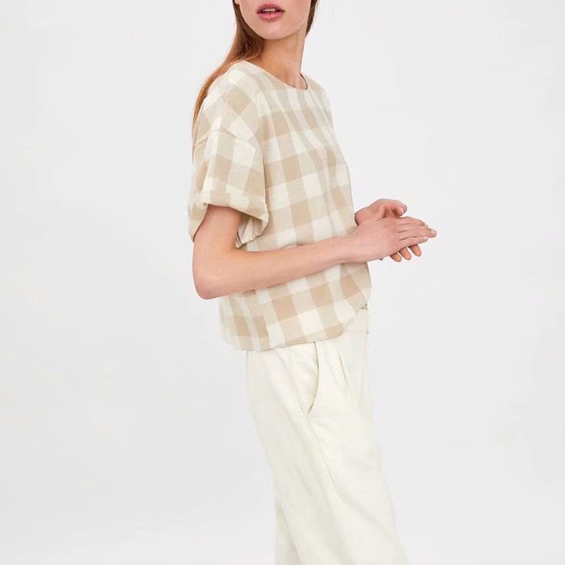 Bluză în carouri cu mâneci scurte de vară Cămăși Vintage bluză largi pentru femeie Casual Street Wear Lady Top bluză scobită