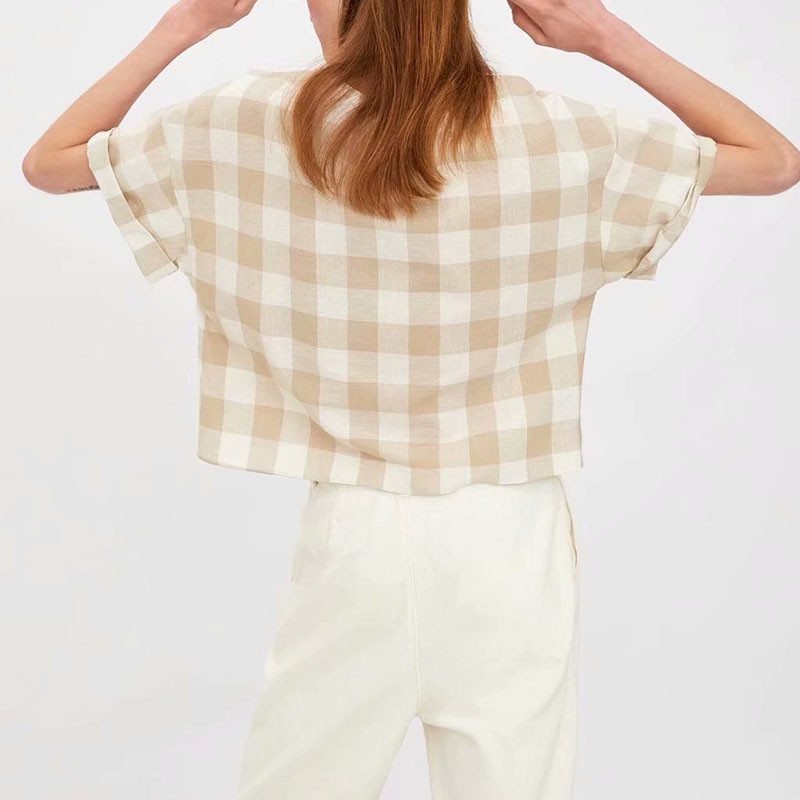 Bluză în carouri cu mâneci scurte de vară Cămăși Vintage bluză largi pentru femeie Casual Street Wear Lady Top bluză scobită
