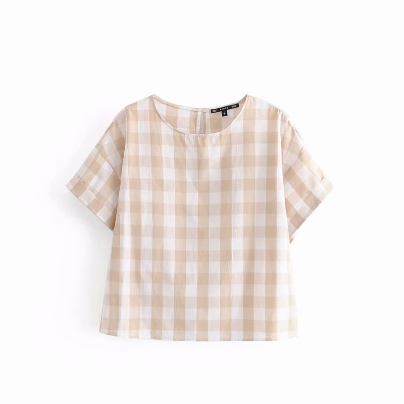 Bluză în carouri cu mâneci scurte de vară Cămăși Vintage bluză largi pentru femeie Casual Street Wear Lady Top bluză scobită