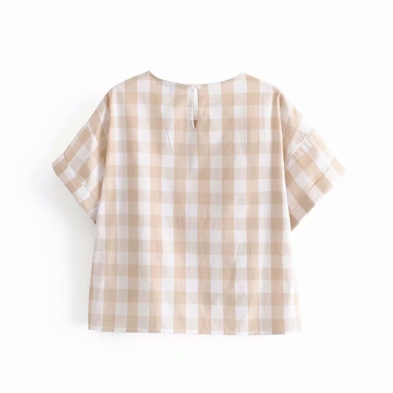 Bluză în carouri cu mâneci scurte de vară Cămăși Vintage bluză largi pentru femeie Casual Street Wear Lady Top bluză scobită