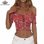Bella Philosophy Ljetne majice za ženske majice i bluze Ulična odjeća Košulje s otvorenim ramenima s cvjetnim printom Seksi ženske majice na vezanje