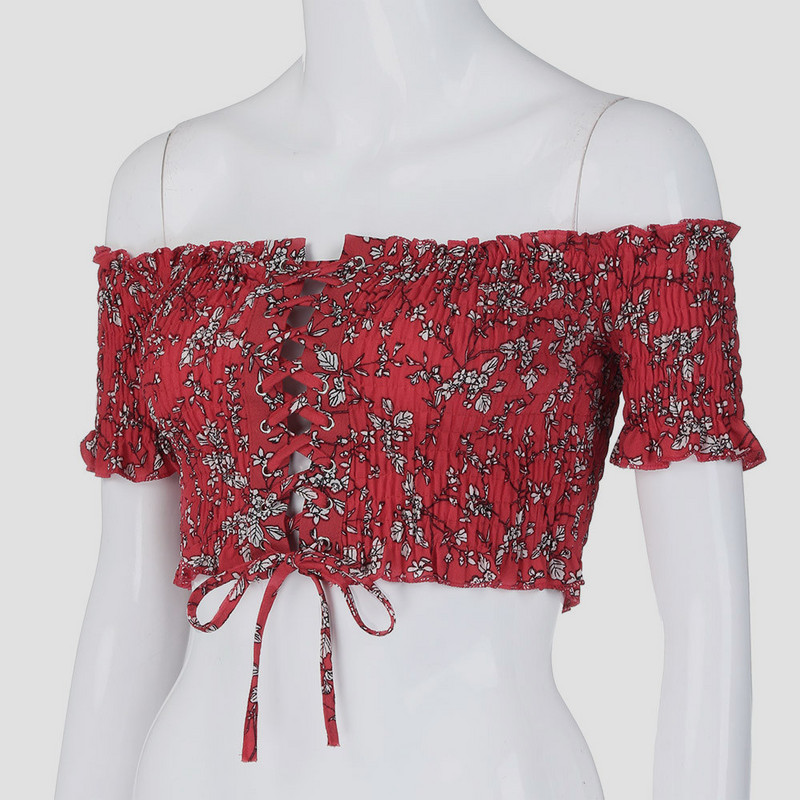 Bella Philosophy Ljetne majice za ženske majice i bluze Ulična odjeća Košulje s otvorenim ramenima s cvjetnim printom Seksi ženske majice na vezanje