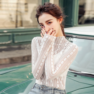 Proljeće jesen 2020. Ženska seksi prozirna čipkana bluza dugih rukava, prozirna samostojeća kragna, elegantna košulja, modne ženske majice