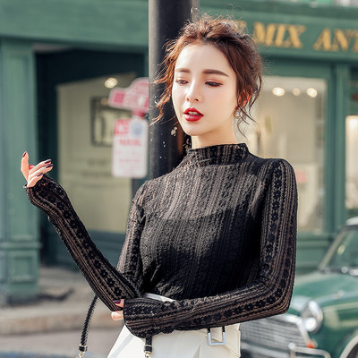 Proljeće jesen 2020. Ženska seksi prozirna čipkana bluza dugih rukava, prozirna samostojeća kragna, elegantna košulja, modne ženske majice