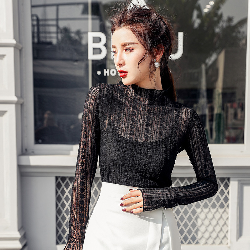 Proljeće jesen 2020. Ženska seksi prozirna čipkana bluza dugih rukava, prozirna samostojeća kragna, elegantna košulja, modne ženske majice