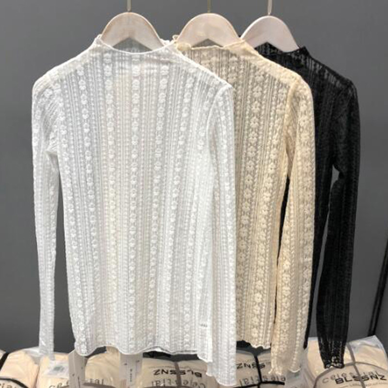 Proljeće jesen 2020. Ženska seksi prozirna čipkana bluza dugih rukava, prozirna samostojeća kragna, elegantna košulja, modne ženske majice