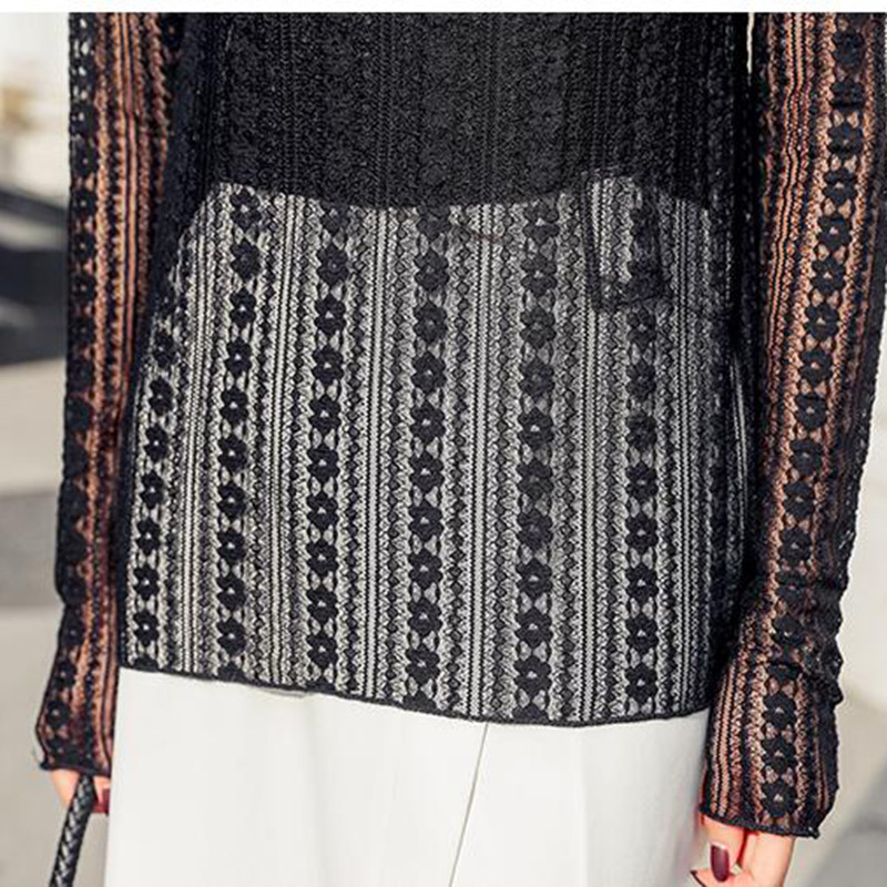 Proljeće jesen 2020. Ženska seksi prozirna čipkana bluza dugih rukava, prozirna samostojeća kragna, elegantna košulja, modne ženske majice