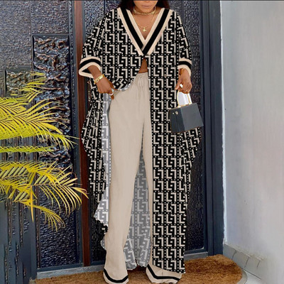 Proljetna moda 2023. Dvodijelni ženski dugi gornji dio širokih nogavica s V-izrezom s jednim gumbom Labavi ležerni dvodijelni set