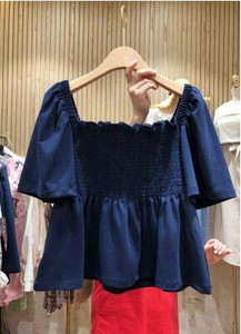 Ženska šik prekrasna slatka retro četvrtasta kragna, šifonska košulja s elastičnim strukom, ženska korejska modna odjeća, bluza kratkih rukava 1490