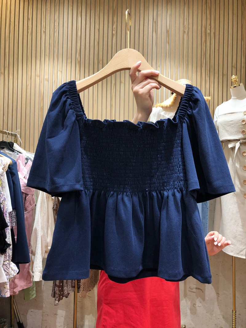 Ženska šik prekrasna slatka retro četvrtasta kragna, šifonska košulja s elastičnim strukom, ženska korejska modna odjeća, bluza kratkih rukava 1490