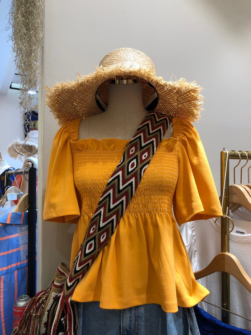 Ženska šik prekrasna slatka retro četvrtasta kragna, šifonska košulja s elastičnim strukom, ženska korejska modna odjeća, bluza kratkih rukava 1490