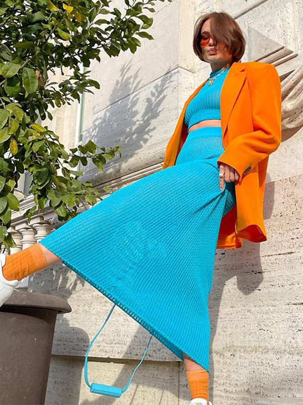 Pleteni kratki gornji dio za plažu Midi suknja Ženski seksi topovi dugih rukava Blagdanske suknje Ženski komplet Ljeto 2022. Elegantni ženski set Lake Blue