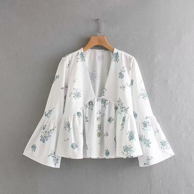 AISIYIFUSHI cămașă pentru femei cu mânecă lungă cu imprimeu cu flori Bluză din șifon alb, la modă, bluze din dantelă, cămăși cu mânecă evazată pentru femei