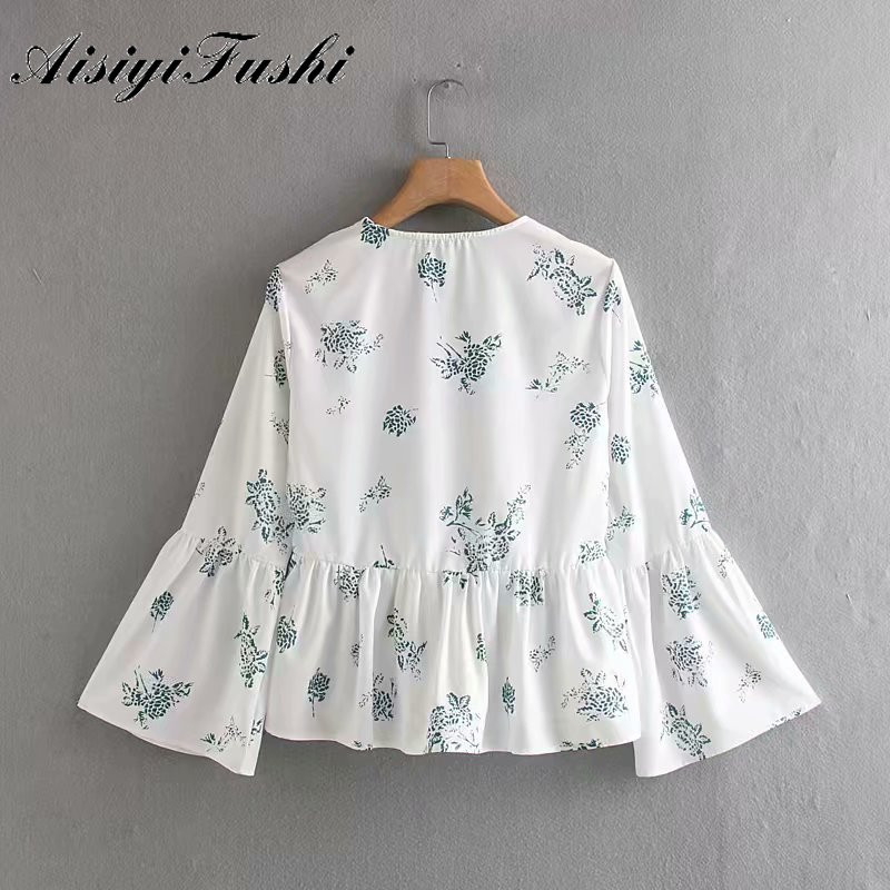 AISIYIFUSHI cămașă pentru femei cu mânecă lungă cu imprimeu cu flori Bluză din șifon alb, la modă, bluze din dantelă, cămăși cu mânecă evazată pentru femei