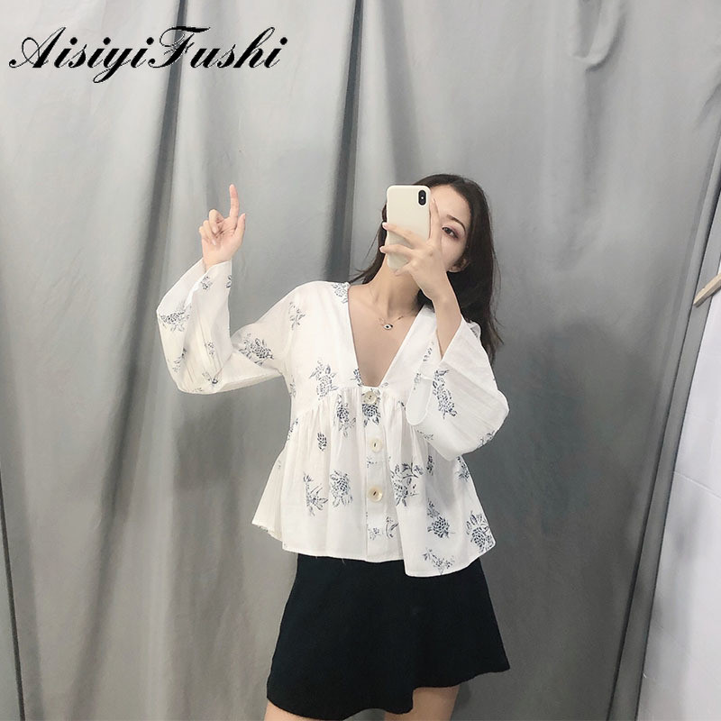 AISIYIFUSHI cămașă pentru femei cu mânecă lungă cu imprimeu cu flori Bluză din șifon alb, la modă, bluze din dantelă, cămăși cu mânecă evazată pentru femei