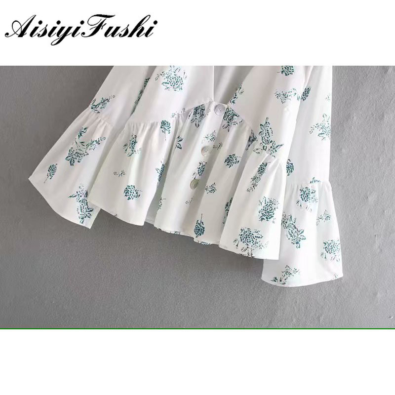 AISIYIFUSHI cămașă pentru femei cu mânecă lungă cu imprimeu cu flori Bluză din șifon alb, la modă, bluze din dantelă, cămăși cu mânecă evazată pentru femei