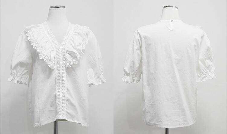 Dámske blúzky s bielym topom a polovičným rukávom, kórejské elegantné tričko, topy a blúzky s výstrihom do V, sexy oblečenie, plážová tunika 2020