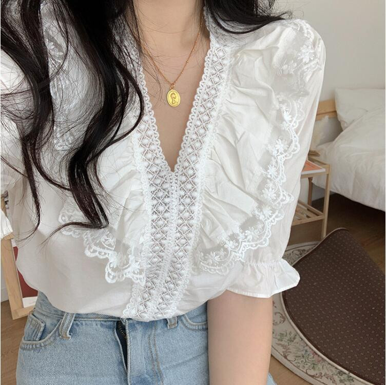 Dámske blúzky s bielym topom a polovičným rukávom, kórejské elegantné tričko, topy a blúzky s výstrihom do V, sexy oblečenie, plážová tunika 2020