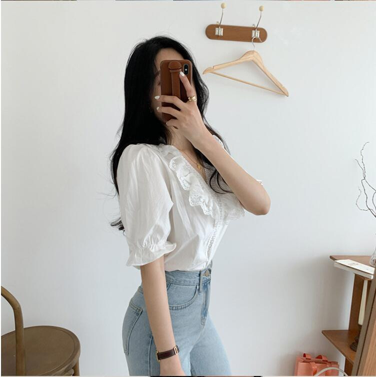 Dámske blúzky s bielym topom a polovičným rukávom, kórejské elegantné tričko, topy a blúzky s výstrihom do V, sexy oblečenie, plážová tunika 2020