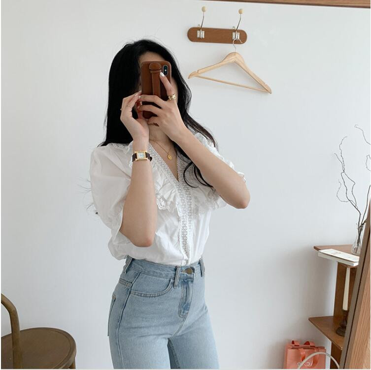 Dámske blúzky s bielym topom a polovičným rukávom, kórejské elegantné tričko, topy a blúzky s výstrihom do V, sexy oblečenie, plážová tunika 2020