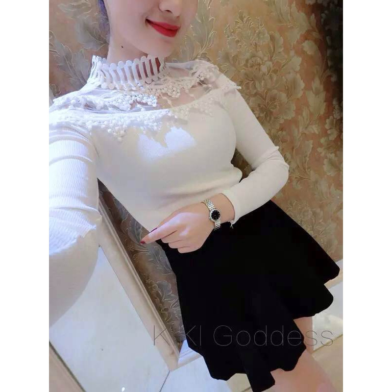 Seksi ženska pletena košulja, modne čipkaste majice, šuplja dolčevita s cvjetnim vezom, uska rastezljiva jednobojna bluza